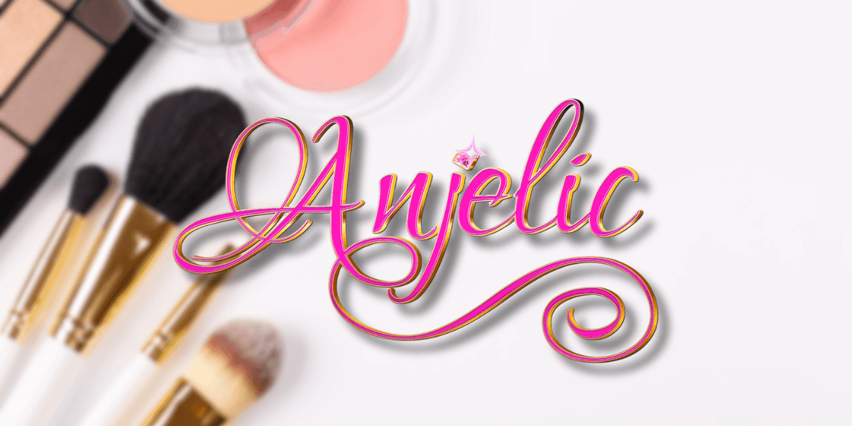 Pink “Anjelic” logo over makeup brushes and powders, representing a beauty brand focused on simplicity, quality, and legacy.