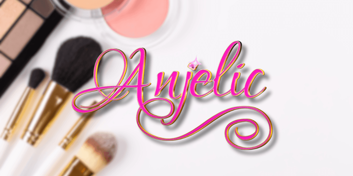 Pink “Anjelic” logo over makeup brushes and powders, representing a beauty brand focused on simplicity, quality, and legacy.
