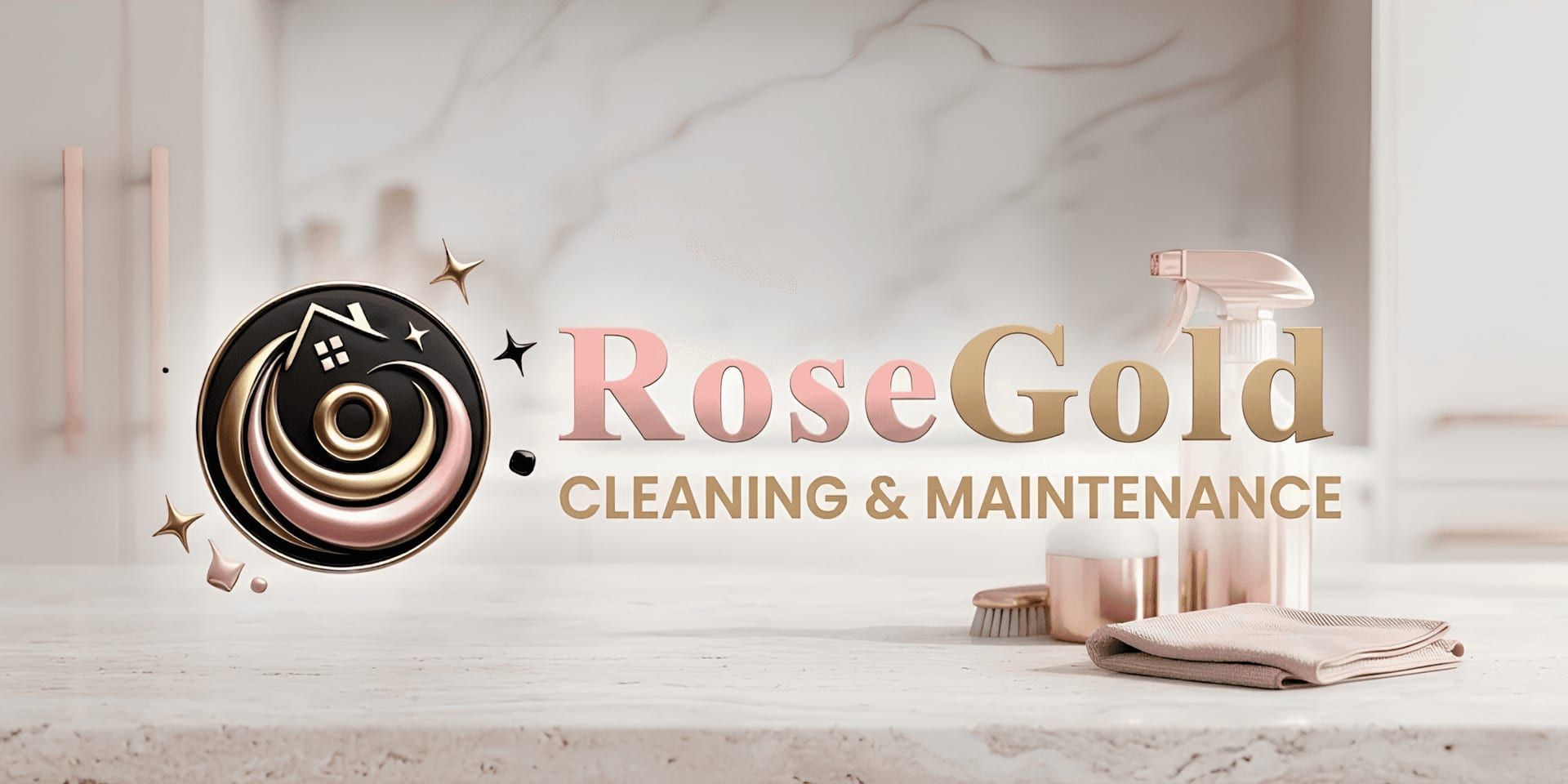 RoseGold Cleaning & Maintenance logo displayed beside cleaning supplies on marble countertop.