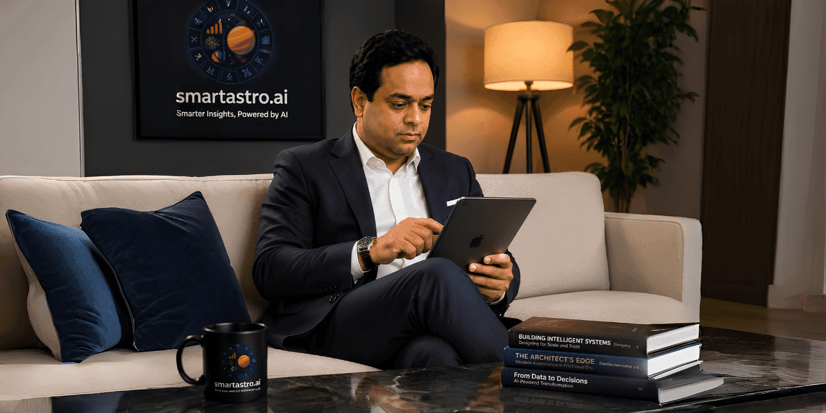 Man using a tablet on a sofa beside Smart Astro branding and technology books.