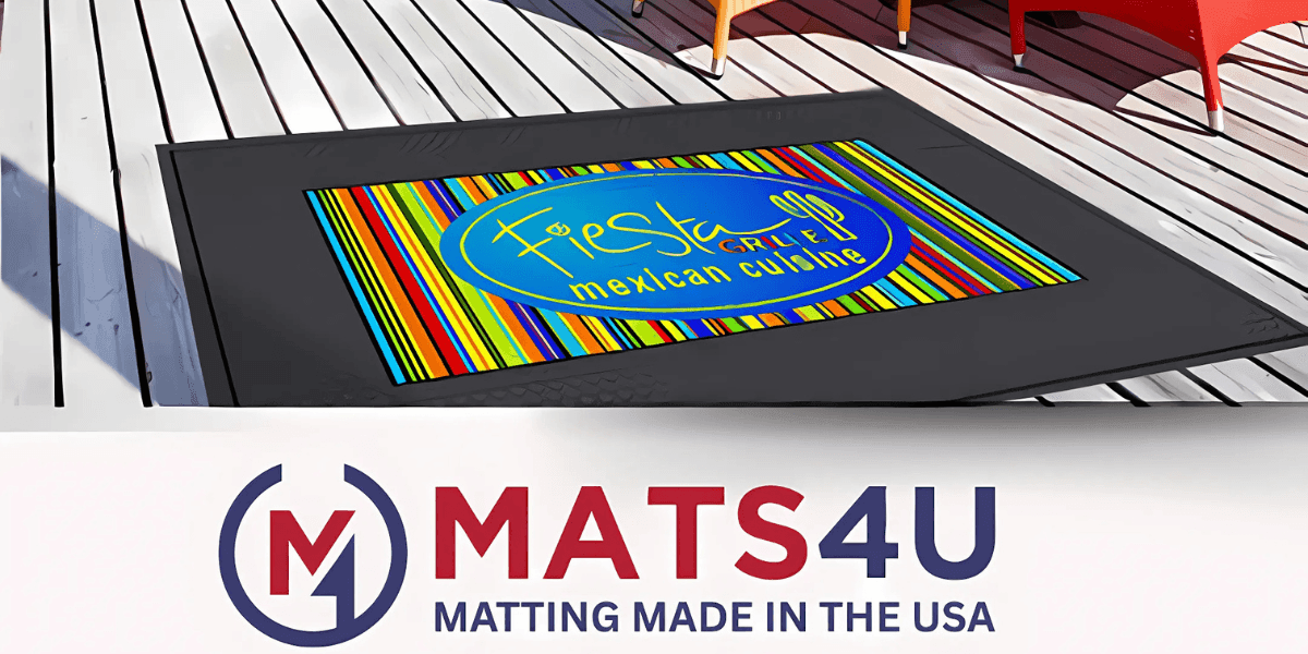 Colorful striped doormat with Fiesta Grill Mexican Cuisine logo, placed on a wooden floor next to a MATS4U logo promoting custom mats made in the USA.