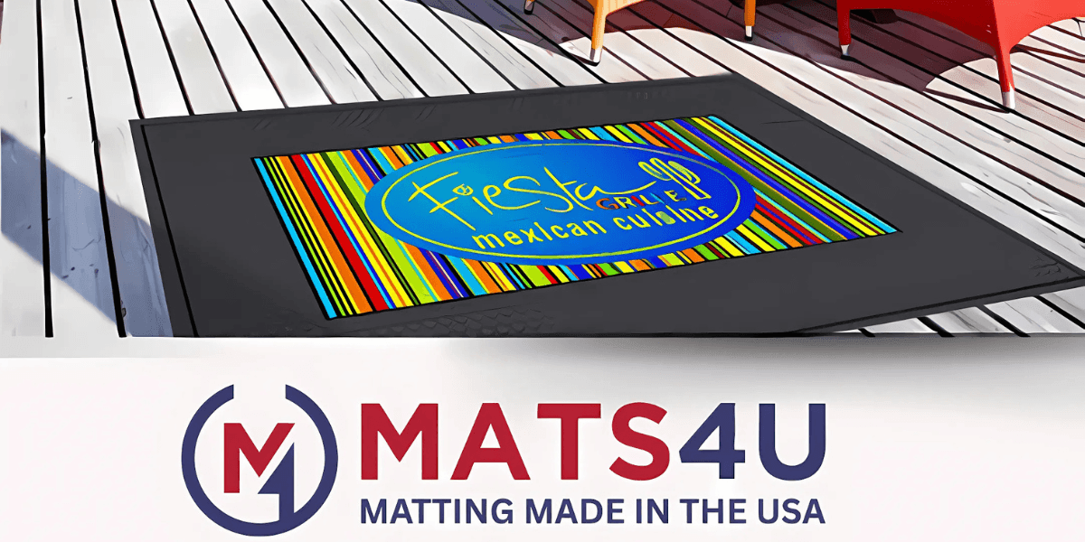 Colorful striped doormat with Fiesta Grill Mexican Cuisine logo, placed on a wooden floor next to a MATS4U logo promoting custom mats made in the USA.