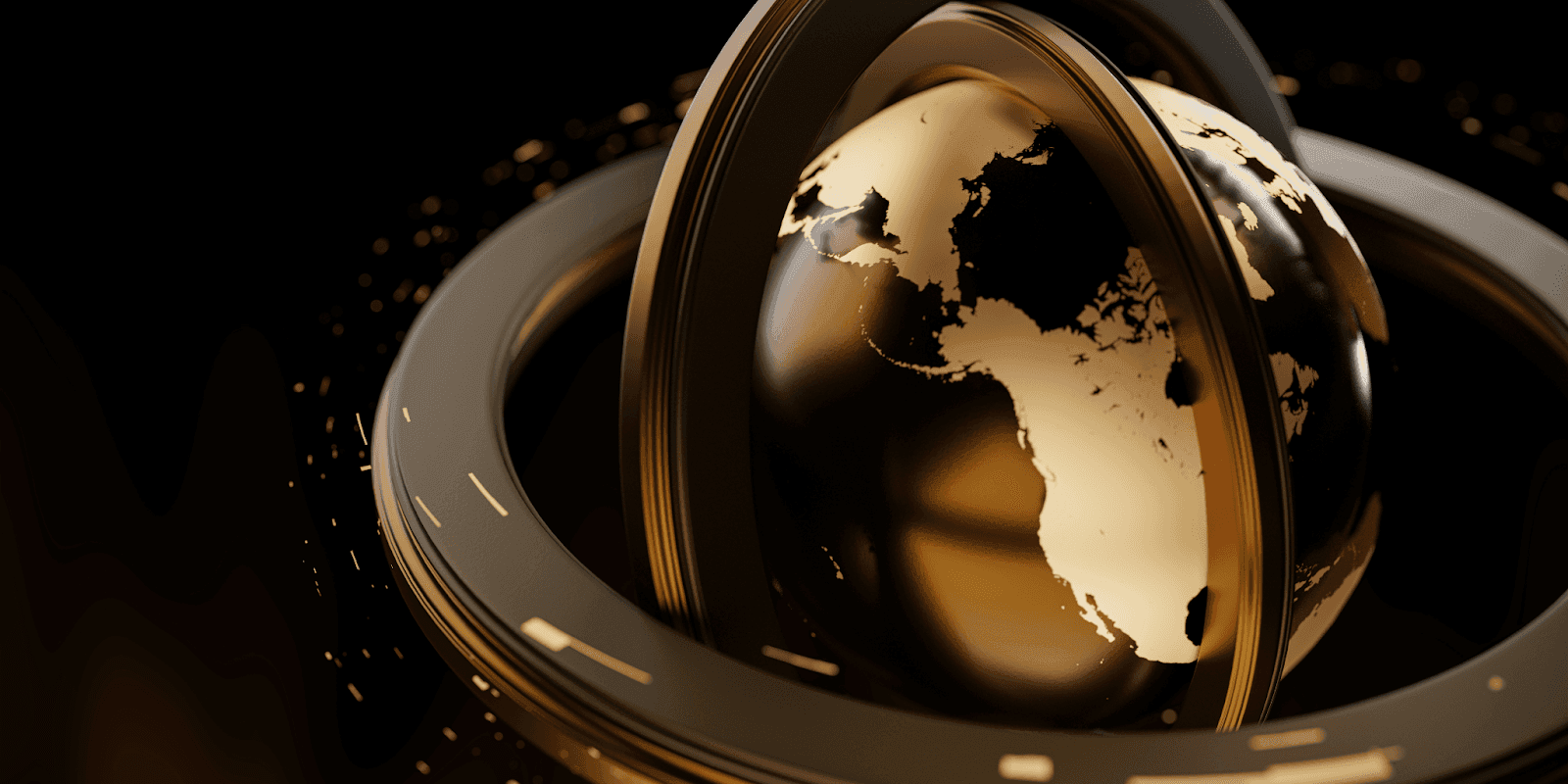 Golden globe surrounded by rings, symbolizing global business connections and innovation, reflecting Fernando Gama Rahal's international franchising impact.