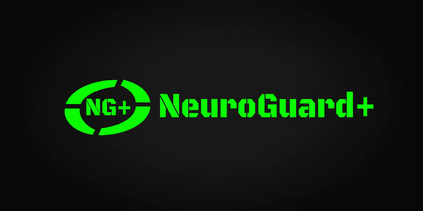 NeuroGuard+ logo in bright green lettering against a black background.