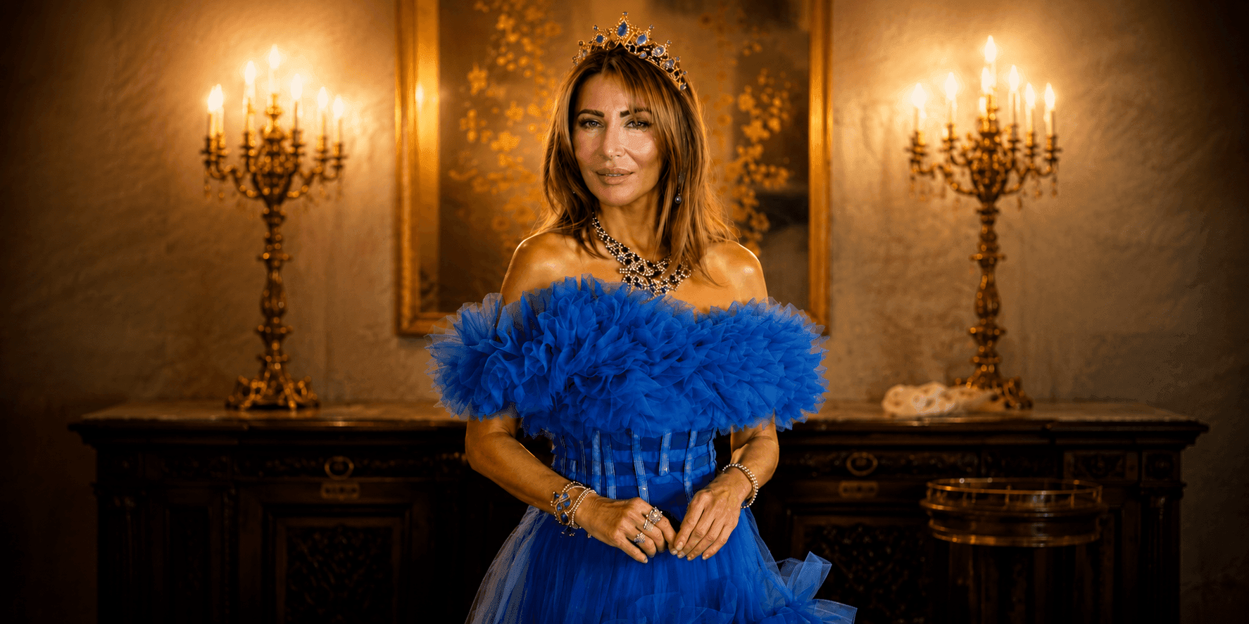 Woman in royal blue gown and jeweled crown posing in an elegant room with candlelit chandelier