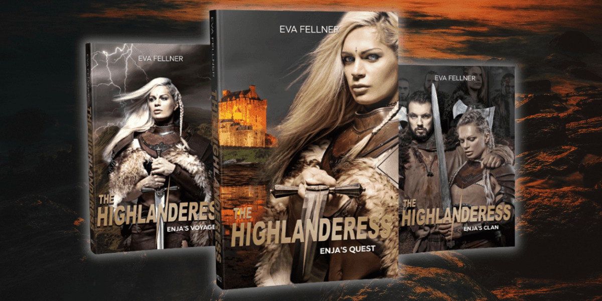 "The Highlanderess book series by Eva Fellner, featuring three captivating covers for Enja's Voyage, Enja's Quest, and Enja's Clan, set against a dramatic backdrop, with warriors and landscapes highlighting the adventure and action."