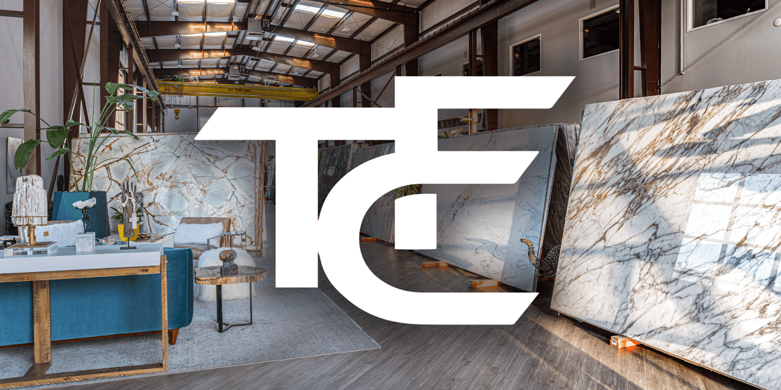 Texas Counter Fitters showroom displaying premium marble and quartz slabs, highlighting custom stone countertop craftsmanship, large slab selection, and luxury design solutions.