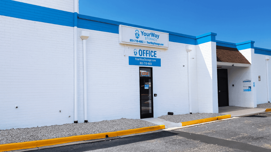 Row of blue climate-controlled storage units at YourWay Storage Berkshire facility in Columbia, South Carolina.
