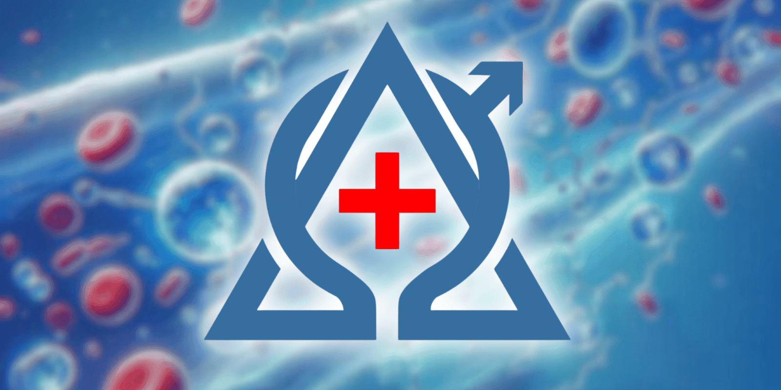 AlphaMD logo with a medical symbol and arrow, symbolizing personalized hormone replacement therapy and telemedicine for men and women.