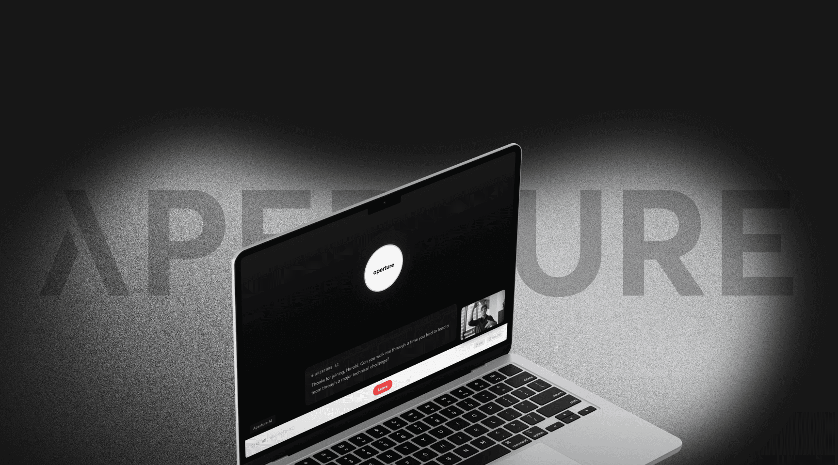 Laptop displaying the Aperture AI hiring platform against a dark background with “APERTURE” lettering.
