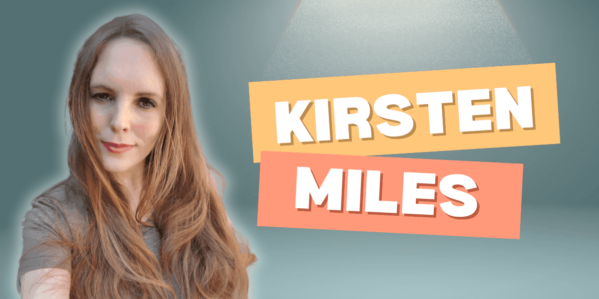 "Styled photo of Kirsten Miles with her name displayed in bold text, featuring a modern design with orange and pink banners, and a spotlight effect in the background."