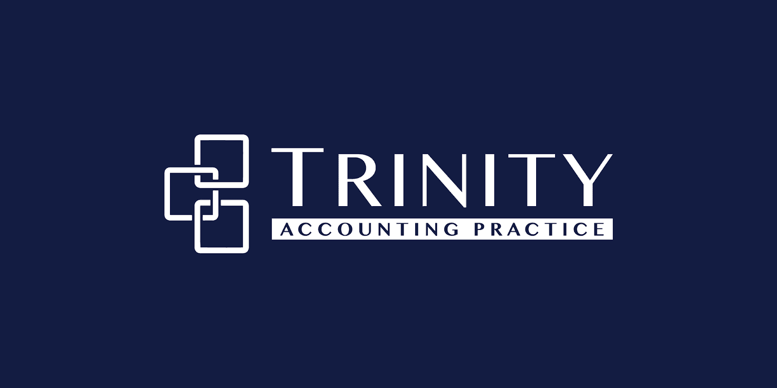 Trinity Accounting Practice logo with interlinked squares and company name on dark blue background.