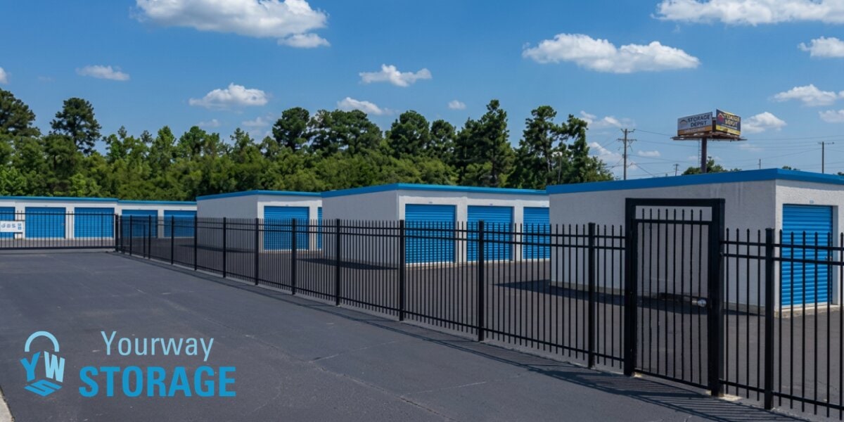 YourWay Storage Columbia self-storage facility with drive-up units, secure fencing, and blue roll-up doors.