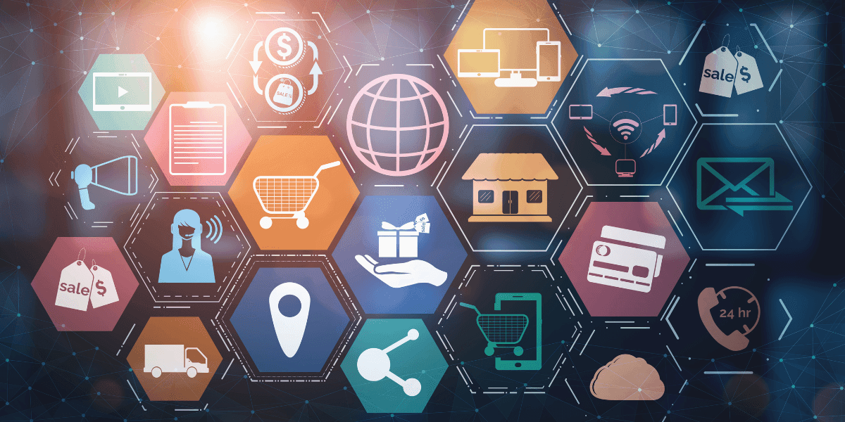 Futuristic digital collage featuring global business, e-commerce, AI, finance, communication, and innovation technology icons.