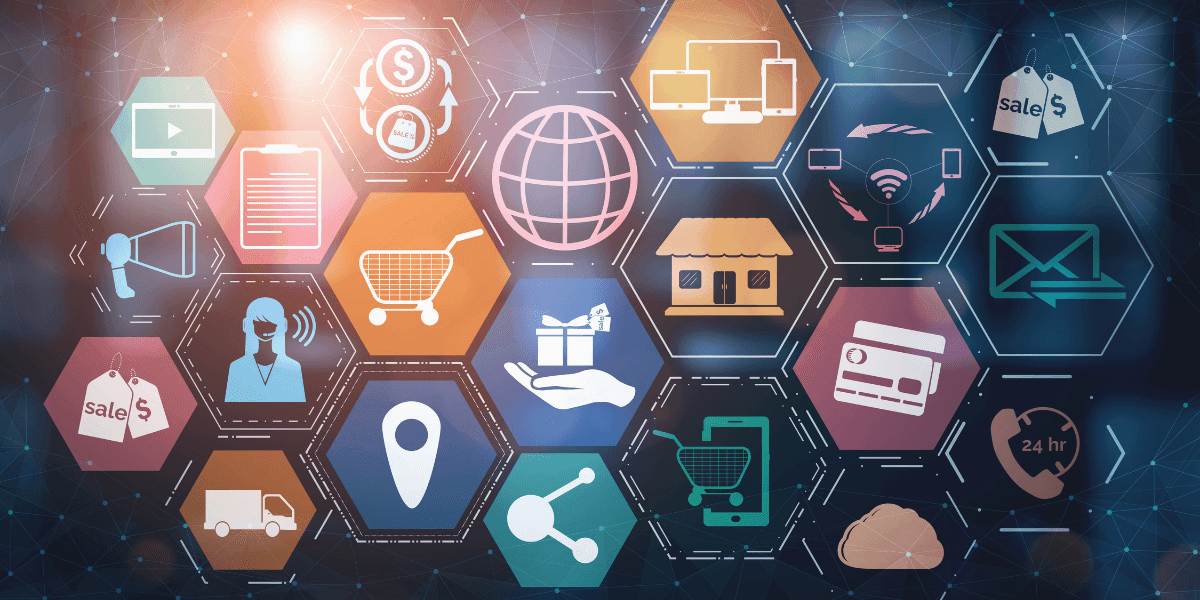 Futuristic digital collage featuring global business, e-commerce, AI, finance, communication, and innovation technology icons.