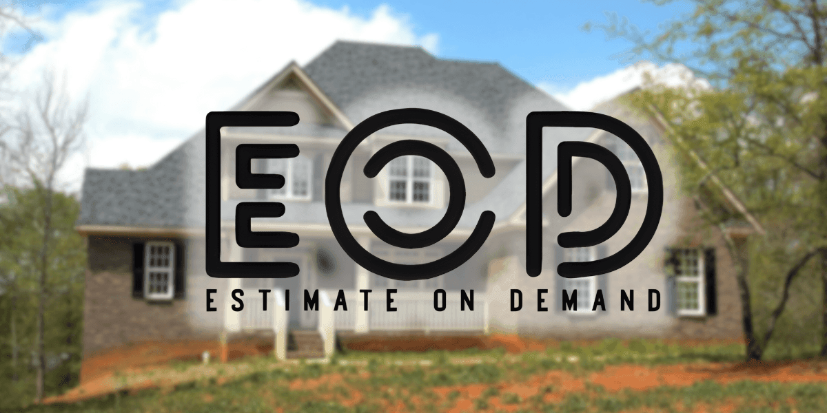 the logo of Estimate on Demand (EOD) over a blurred image of a house, symbolizing roofing services.
