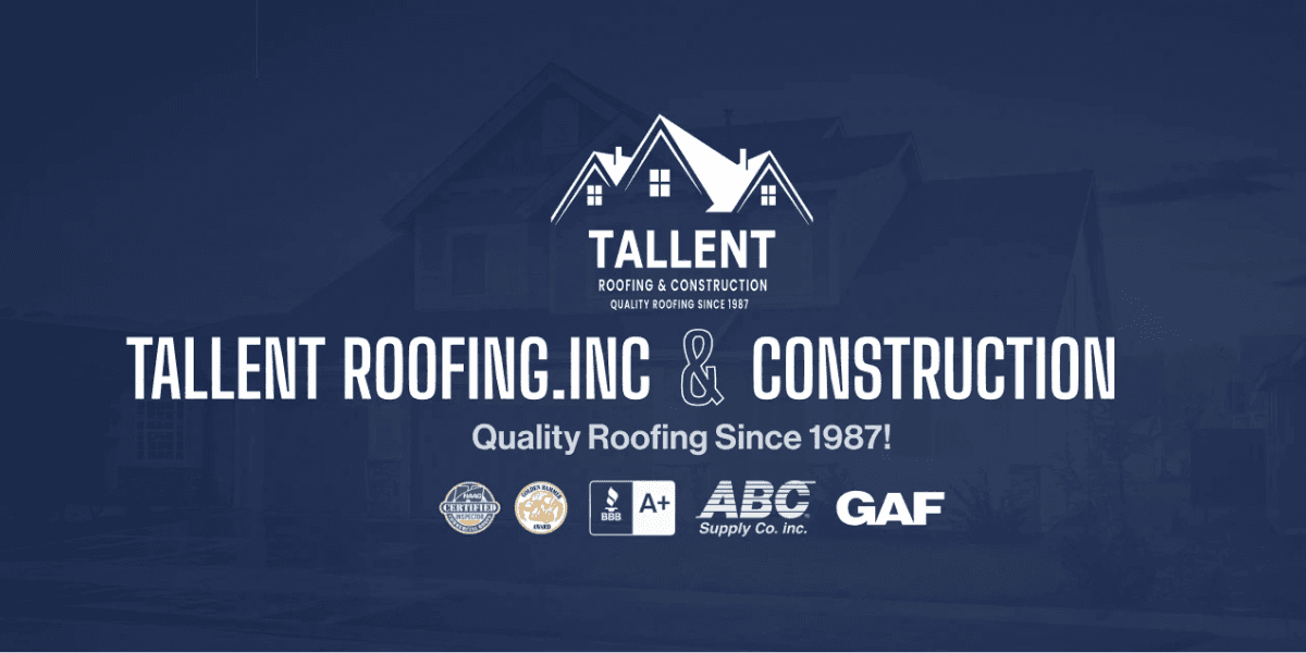 Tallent Roofing & Construction logo with a house background, emphasizing roofing services in North Texas since 1987.