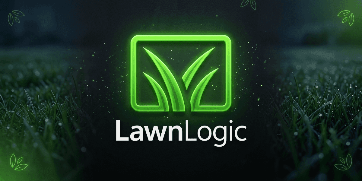 LawnLogic Turf logo glowing above grass, representing premium artificial turf and outdoor living solutions.