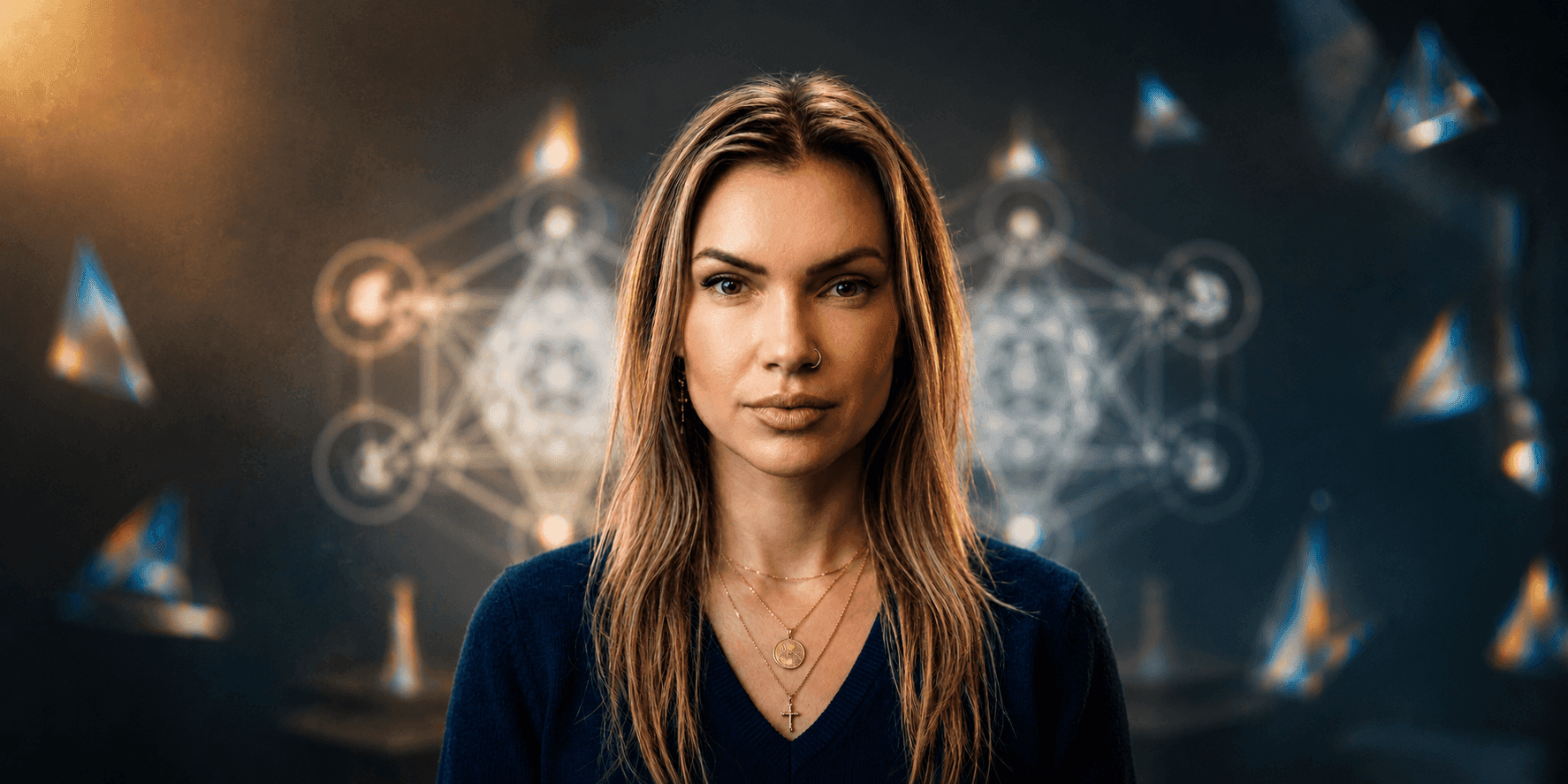 Woman with layered gold necklaces standing before glowing geometric symbols and prism-like lights.