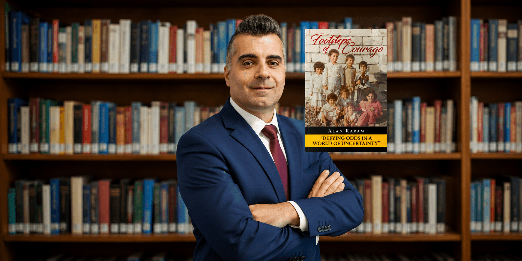 Alan Karam standing in a library beside the cover of his memoir, Footsteps of Courage.