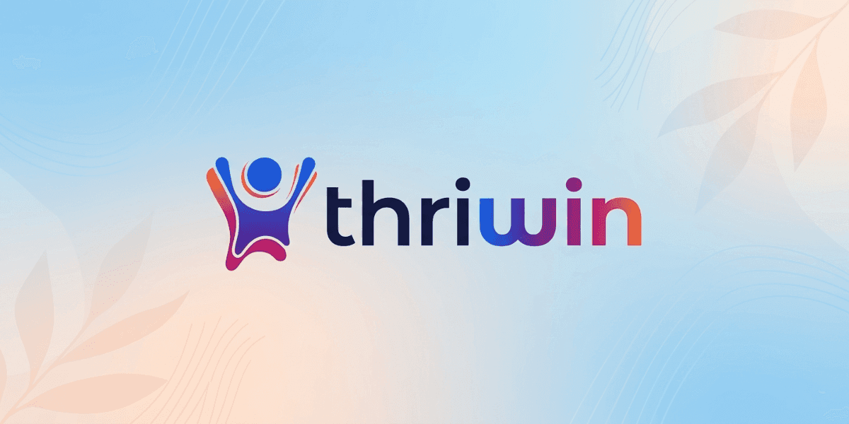 Thriwin logo with colorful human figure icon and gradient blue-to-orange branding on a soft abstract background.