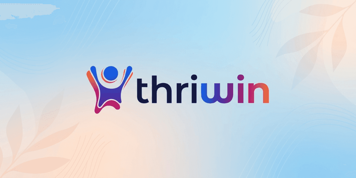 Thriwin logo with colorful human figure icon and gradient blue-to-orange branding on a soft abstract background.