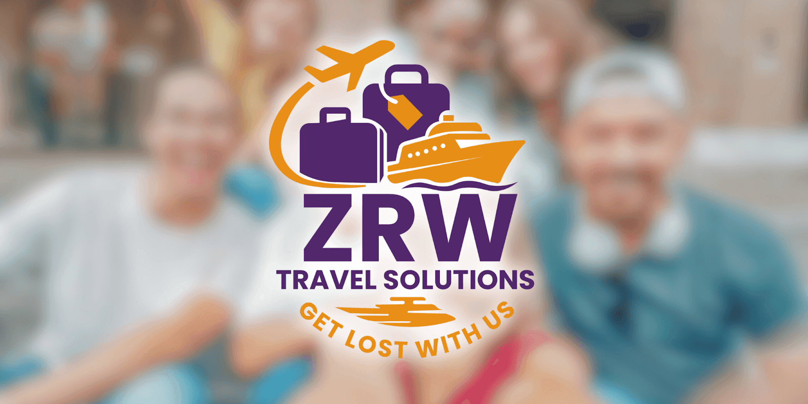 Logo of ZRW Travel Solutions featuring airplane, luggage, and cruise ship with slogan “Get Lost With Us.”