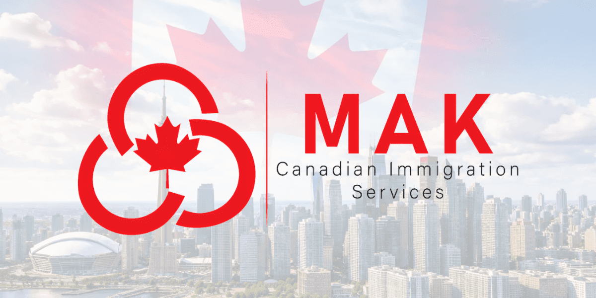 MAK Canadian Immigration Services logo featuring a maple leaf and a city skyline, symbolizing expertise in immigration consulting.