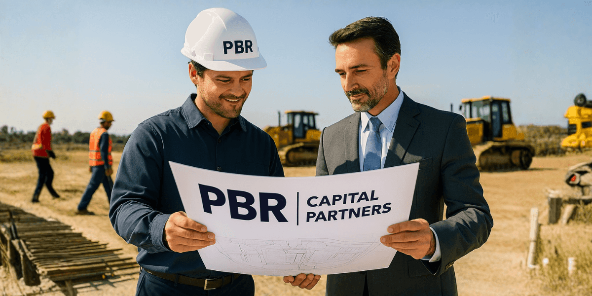 Two professionals review land development plans at a construction site, representing PBR Capital’s expertise in financing real estate projects.