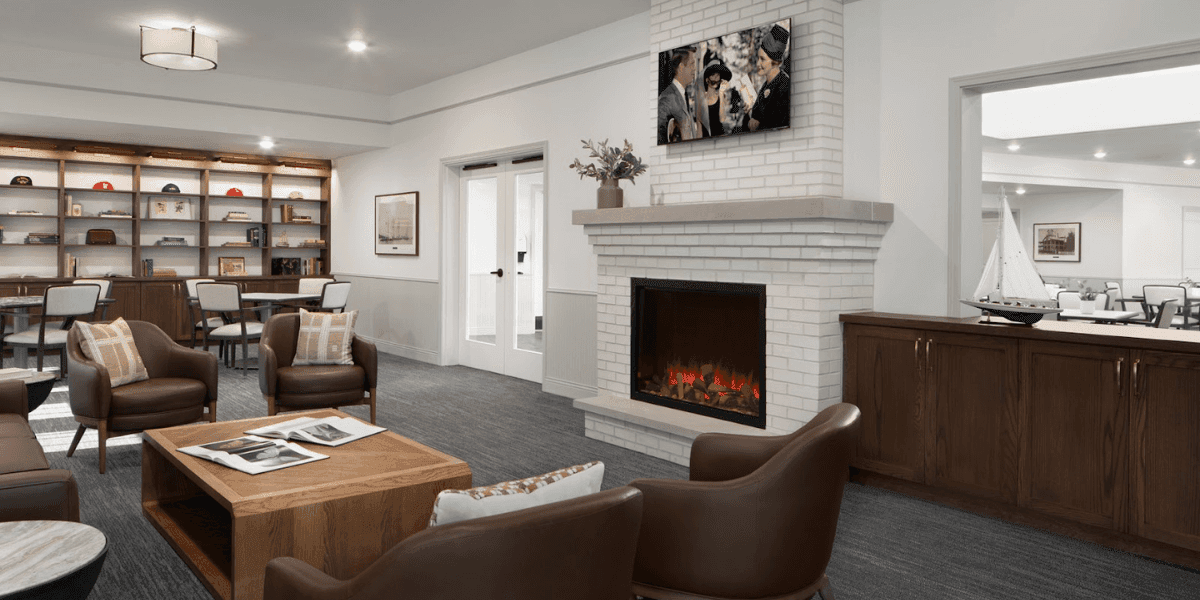 A modern, welcoming lounge in The Westerly Pewaukee, offering memory care services with a focus on dignity and connection.