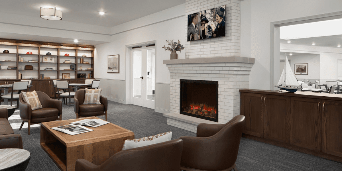 A modern, welcoming lounge in The Westerly Pewaukee, offering memory care services with a focus on dignity and connection.