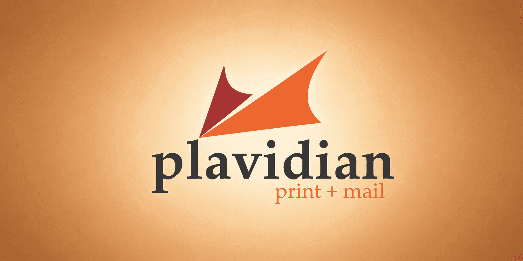 Plavidian print and mail company logo on an orange gradient background.