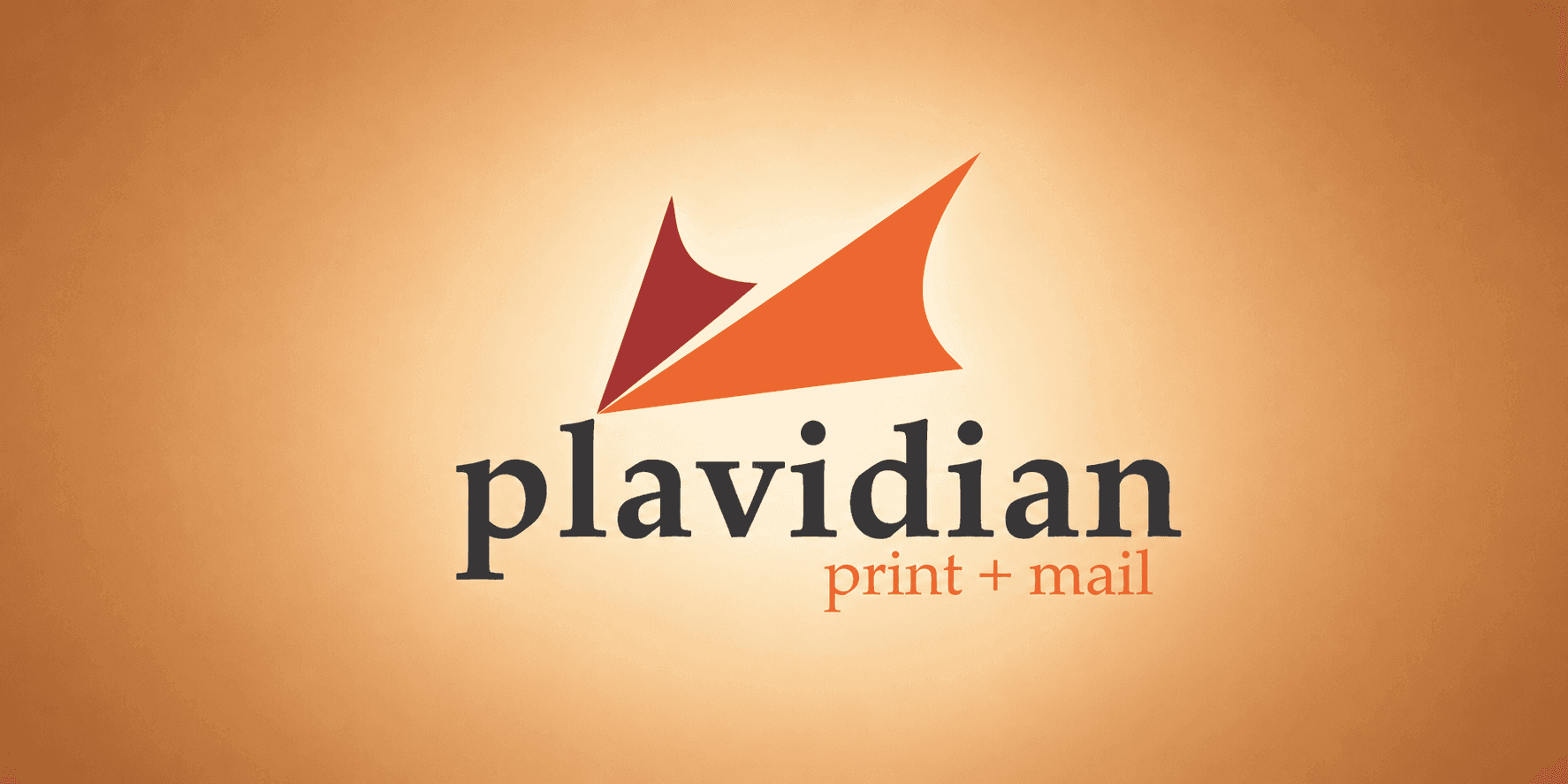 Plavidian print and mail company logo on an orange gradient background.