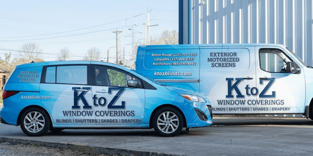 K to Z Window Coverings service van and vehicle promoting exterior motorized screens outside company building.