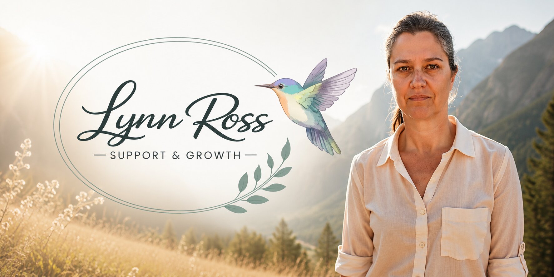 Lynn Ross standing in mountain landscape beside Lynn Ross Support & Growth logo and hummingbird illustration.