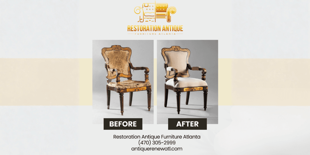 "Restoration Antique Furniture Atlanta showcases a beautifully restored chair, highlighting their craftsmanship in antique and vintage furniture restoration."