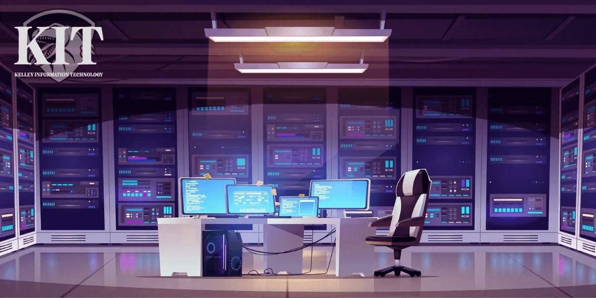 Modern IT office with multiple monitors and servers, reflecting Kelley Information Technology's professional and tech-focused environment.