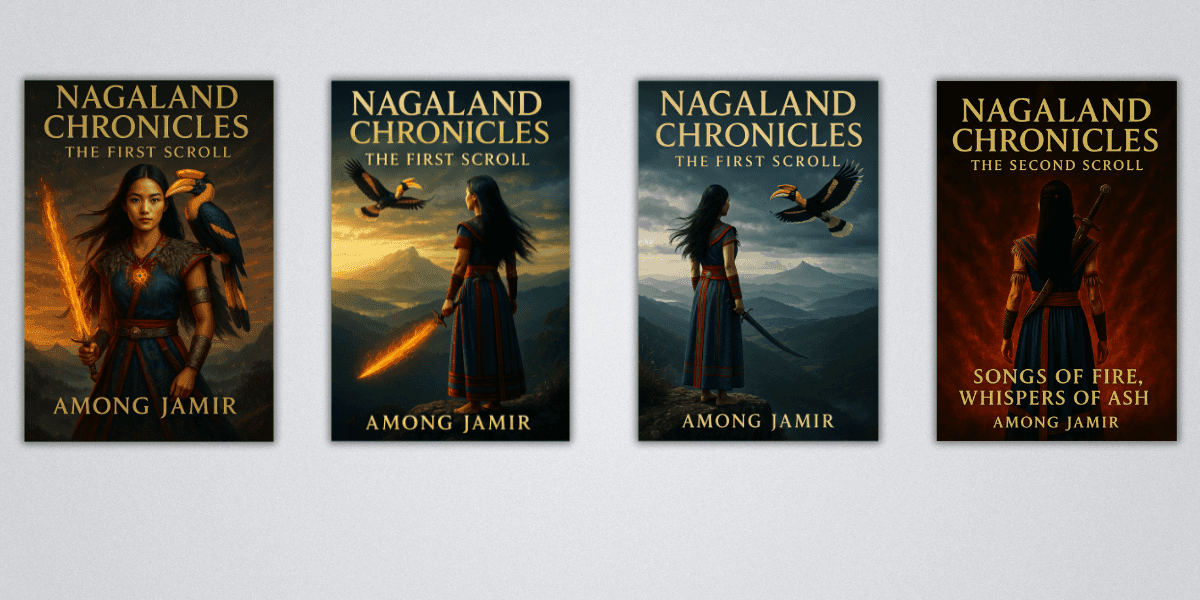 "Nagaland Chronicles" book covers by Among Jamir, featuring vibrant illustrations of characters with swords and birds in mystical landscapes.