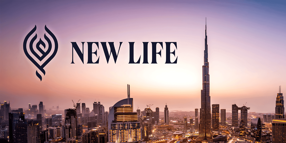 "Cityscape of Dubai with the iconic Burj Khalifa, featuring a vibrant sunset sky. The logo for 'NEW LIFE' is prominently displayed at the top, symbolizing growth and transformation in front of the modern skyline."
