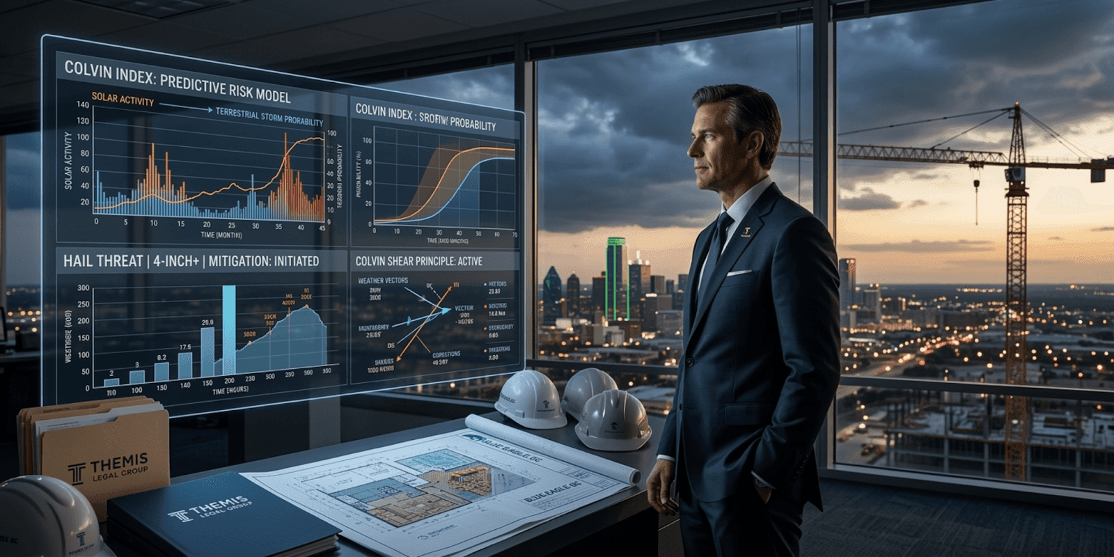 A man in a suit stands before a large screen displaying graphs and data related to risk mitigation for contractors.