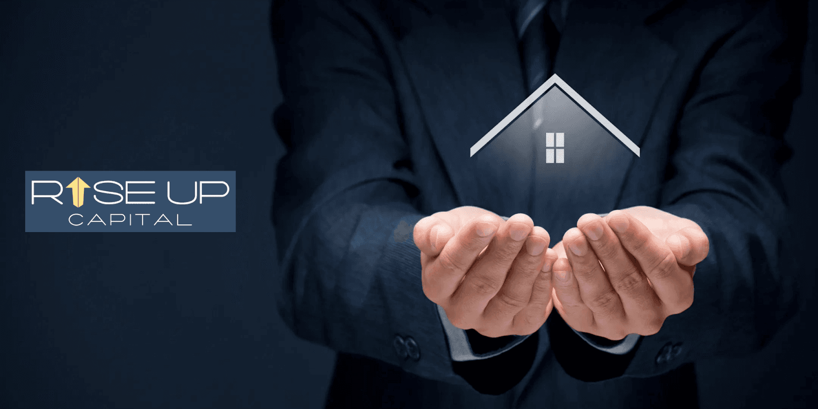 Businessman holding glowing house icon, with Rise Up Capital logo, symbolizing passive real estate investment opportunities.