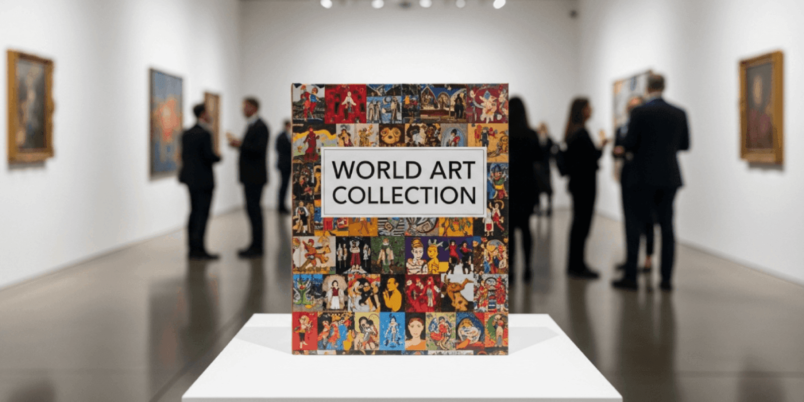 World Art Collection book displayed at an art gallery, showcasing contemporary art and connecting over 5,000 global artists.
