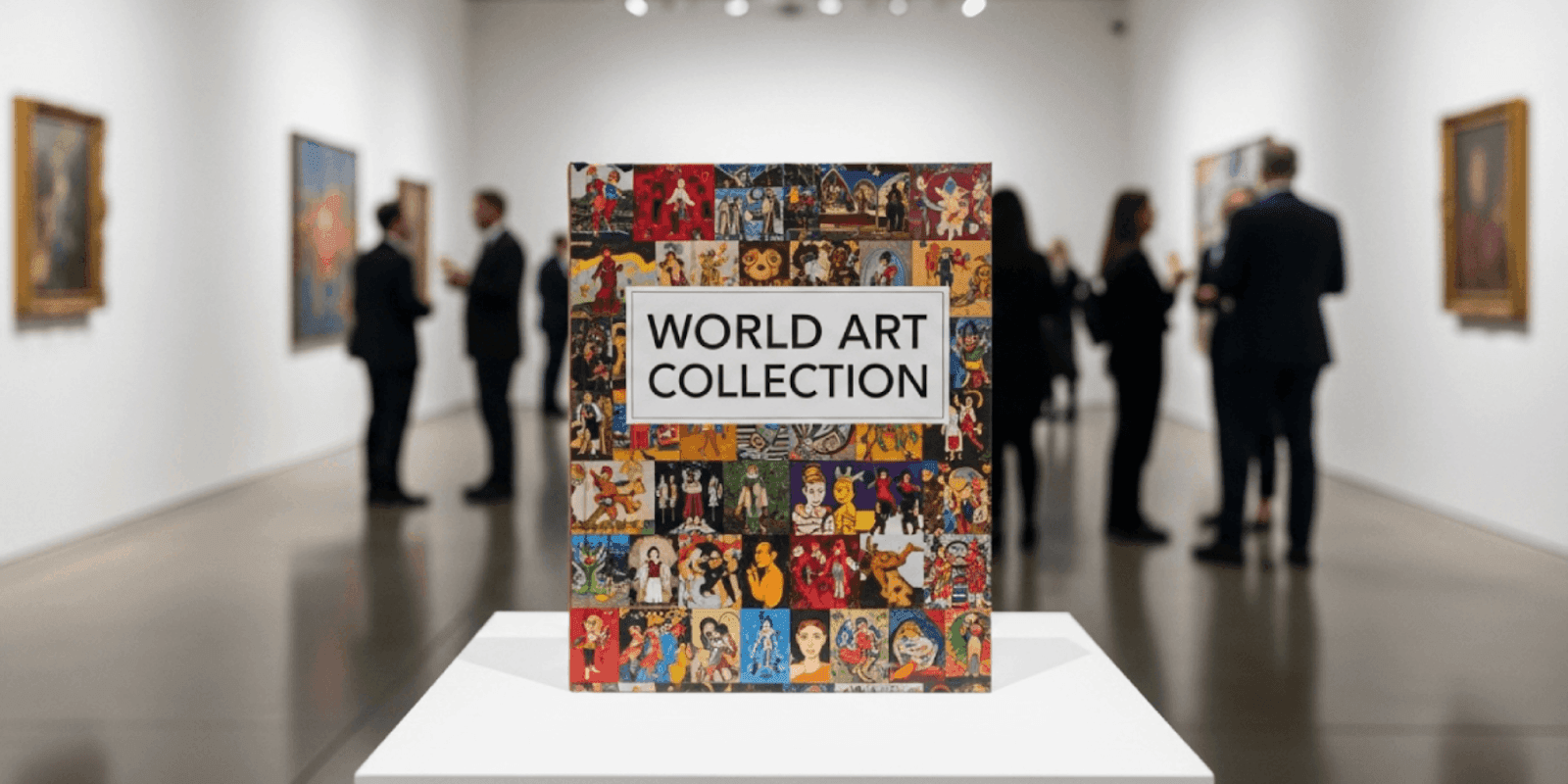 World Art Collection book displayed at an art gallery, showcasing contemporary art and connecting over 5,000 global artists.