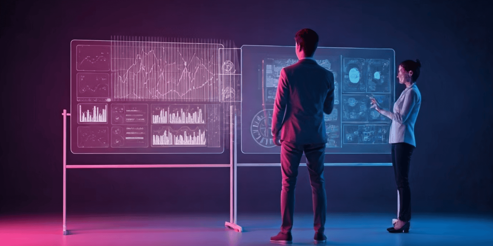 Two professionals analyzing futuristic transparent screens with charts and data.