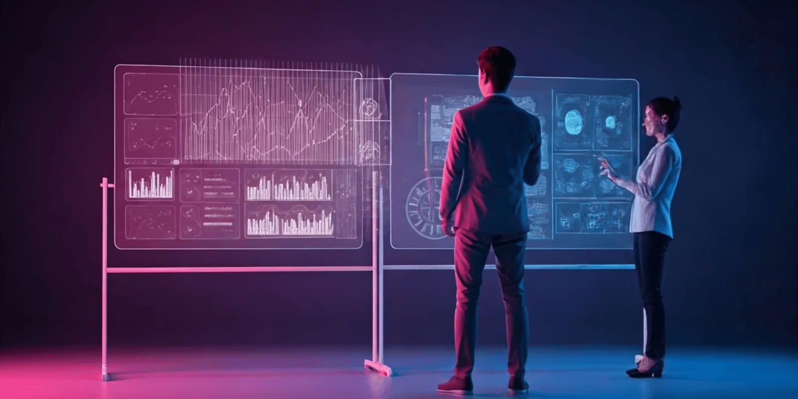 Two professionals analyzing futuristic transparent screens with charts and data.