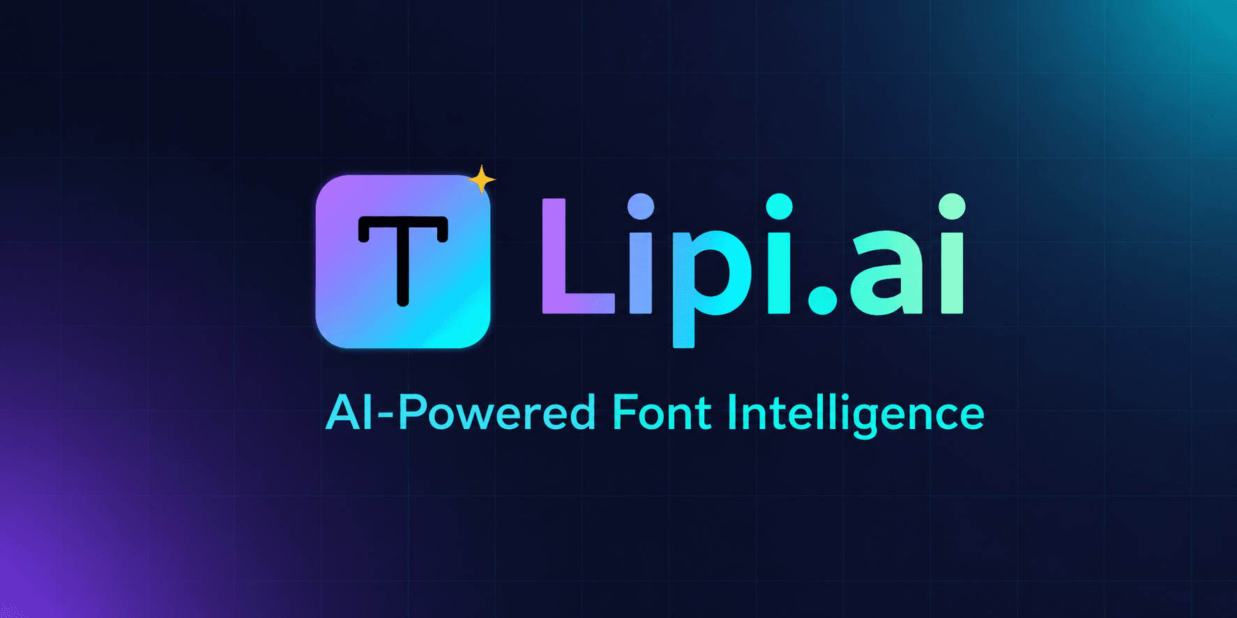 Lipi.ai logo with gradient icon and text, “AI-Powered Font Intelligence,” on dark grid background.