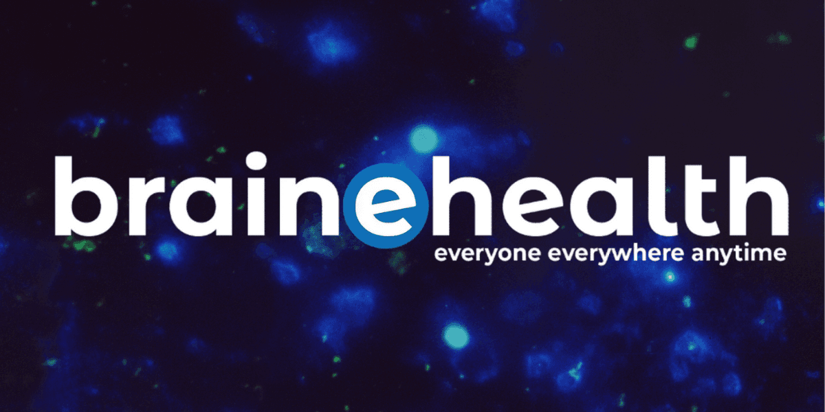 BraineHealth logo with glowing neural network background and tagline 'everyone everywhere anytime' emphasizing digital brain health solutions.