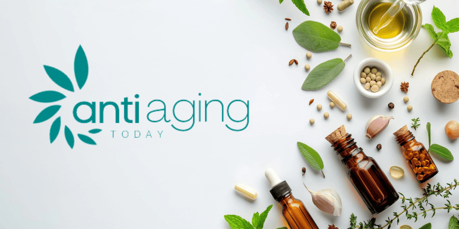 Natural wellness products and supplements surrounded by leaves, representing Dr. Don Zone's anti-aging approach to health and vitality.