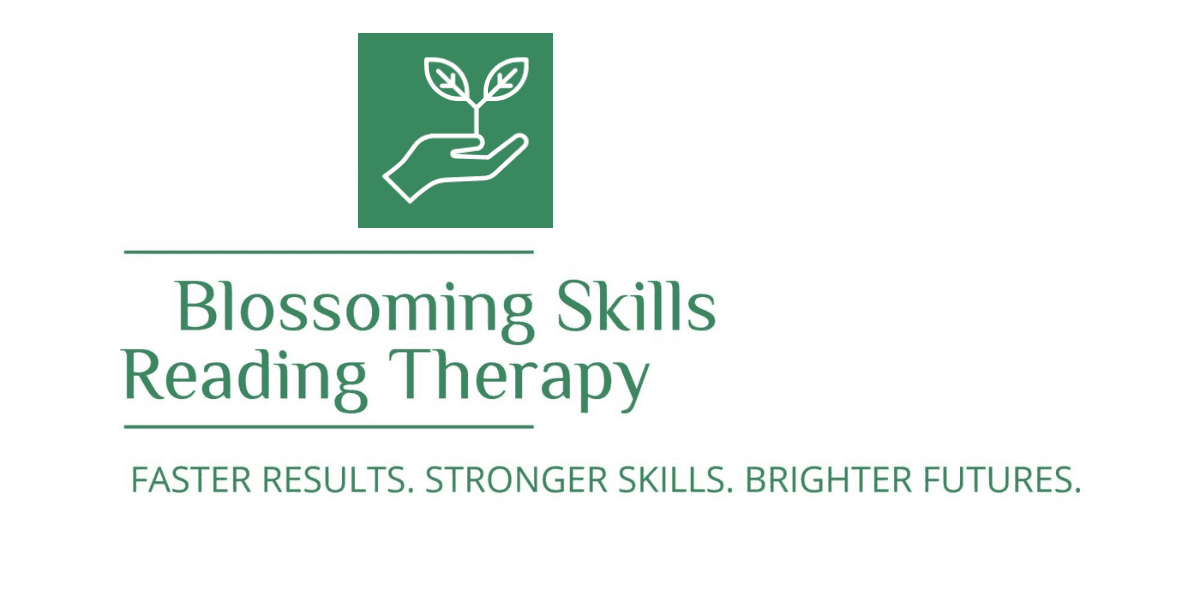 Logo for Blossoming Skills Reading Therapy with a hand holding a sprouting plant icon.