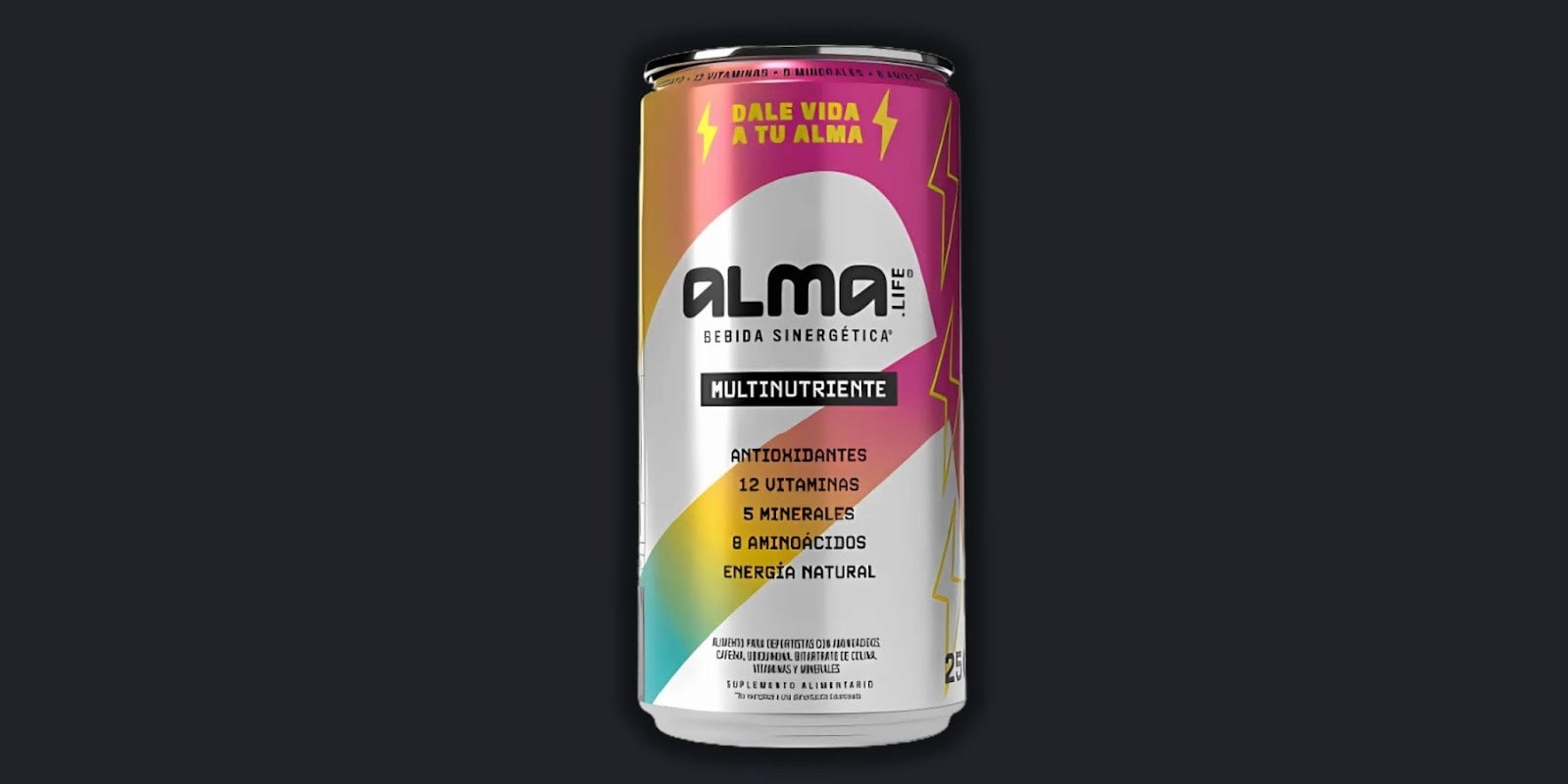 A can of ALMA Life Multinutrient energy drink featuring antioxidants, 12 vitamins, 5 minerals, 8 amino acids, and natural energy, with a colorful design and the tagline 'Dale Vida A Tu Alma'.